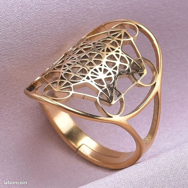 Bague Métatron Réglable Plaquée Or - Design Géométrique, Inox, Neuf Sans Emballage