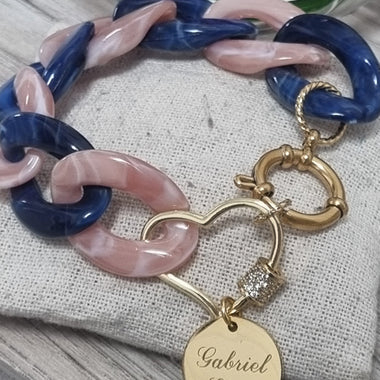 Bracelet Grosses Mailles Bleu/Rose & Médaille Acier Dorée Personnalisée