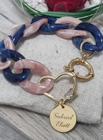 Bracelet Grosses Mailles Bleu/Rose & Médaille Acier Dorée Personnalisée