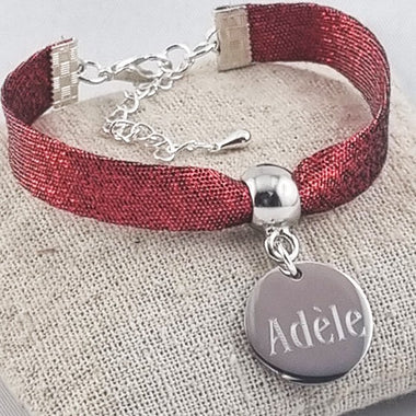 Bracelet Personnalisé Tissu Pailleté Rouge & Médaille Gravée