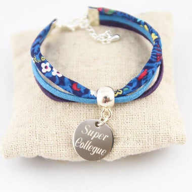 Bracelet Liberty Fleurs Bleues & Suédine Personnalisé Médaille Gravée