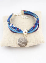 Bracelet Liberty Fleurs Bleues & Suédine Personnalisé Médaille Gravée